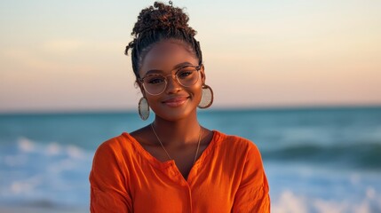 A joyful young woman enjoys the serene ambiance of a beach at sunset, her smile radiating happiness and warmth while the ocean waves gently lap at the shore.