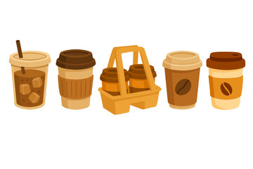 Set of takeaway coffee cups including iced coffee, hot drinks and cardboard holder in flat style.