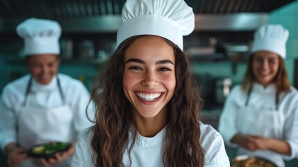 A vibrant image of a young female chef beaming with joy in a bustling kitchen environment, representing passion and teamwork in culinary arts.