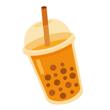 Cute vector illustration of a bubble tea drink with tapioca balls and straw in plastic cup.