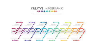 Timeline for 1 year, 12 months, infographics all month planner design and Presentation business can be used for workflow, process diagram, flow chart.