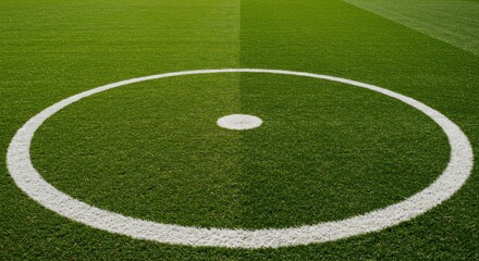 Obraz premium White circle marking center of a green soccer field