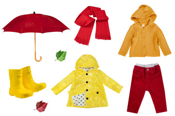 Collage set of children clothes. Concept spring autumn clothes isolated on white background