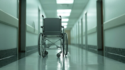 A wheelchair in a hospital hallway with a patient in the background.