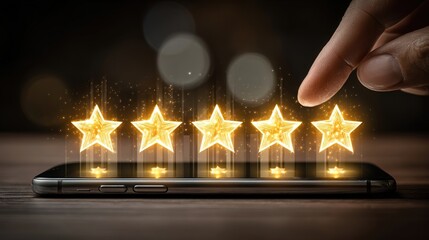 A mobile phone displays a holographic 5-star rating system with interactive review bubbles and translucent sentiment analysis charts against a digital commerce backdrop.