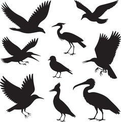 Obraz premium Pelican Standing on Pier SilhouetteFlying Pelican Over Water Vector DesignPelican with Open Beak Silhouette ArtCoastal Pelican Resting Scene VectorPelican in Flight Silhouette Illustration