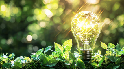 A green and red light bulb with a network of connections glowing inside, placed on a green leafy background with sunlight shining through.