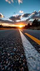 Road to sunset: A long asphalt road stretches toward the horizon as the sun sets, painting the sky with warm colors.