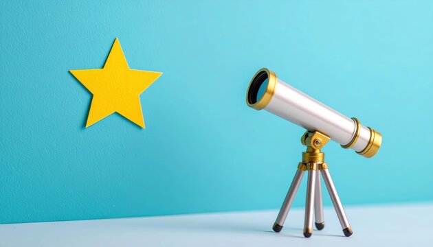 Stargazing Telescope: A classic telescope sits poised, focused on the celestial expanse, alongside a golden star, the composition suggesting exploration and discovery of a vibrant blue background.