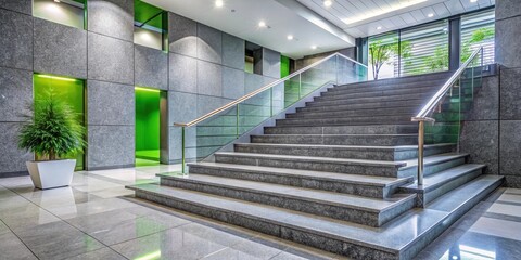 Modern interior staircase design with glass railings and granite steps in a contemporary building