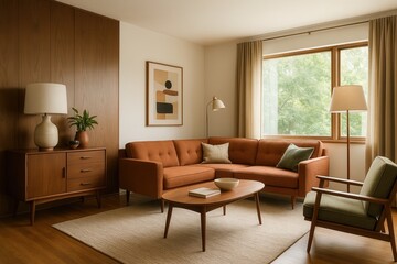 Fototapeta premium Mid century modern living room with orange sofa and wooden furniture