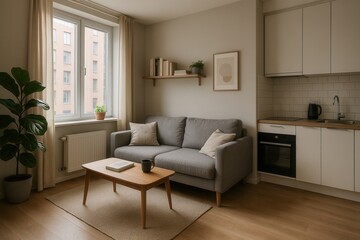 Fototapeta premium Modern micro apartment interior design with sofa and kitchenette