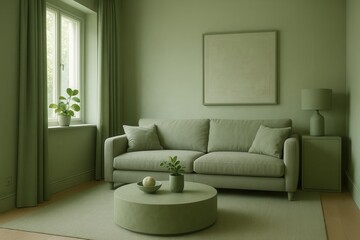 Fototapeta premium Modern sage green living room with sofa and blank frame hanging on the wall