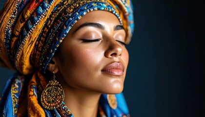 Serene Beauty: Captivating close-up shot of a beautiful woman, draped in an exquisite turban, with eyes serenely closed, capturing a moment of tranquil contemplation and cultural elegance.