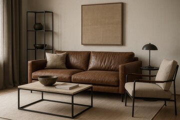 Modern living room with brown leather sofa, armchair and coffee table