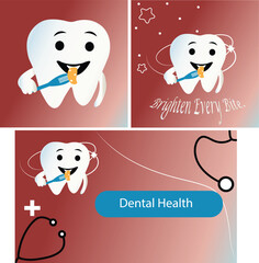 Set Of Dental Clinic Promotion with Tooth Mascot – Cute Dental Comic Panels with Speech Bubble and Healthcare Icons