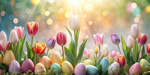 Vibrant Spring Tulips and Pastel Easter Eggs in a Sunny Garden Setting