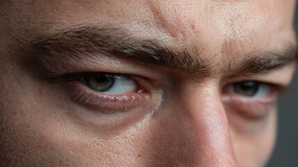 Closeup of male eyes with intense gaze showing detailed skin texture and natural eyebrow hair, highlighting emotional expression and tear trough hollow under eyes