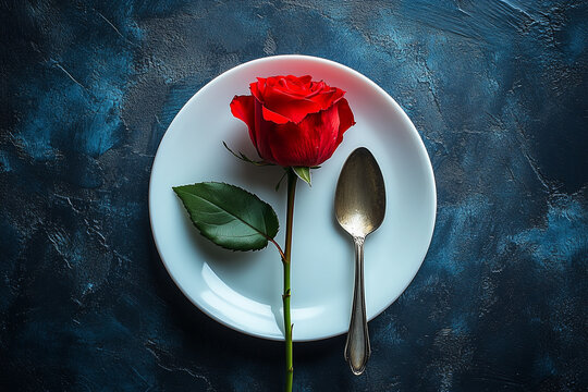 Elegant Red Rose Placed on a White Plate Next to a Vintage Spoon on Textured Dark Background - Powered by Adobe