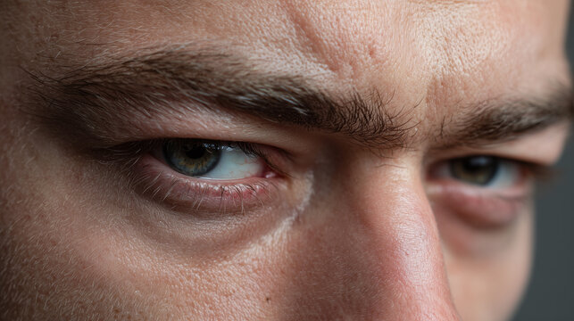 Closeup of male eyes with intense gaze showing detailed skin texture and natural eyebrow hair, highlighting emotional expression and tear trough hollow under eyes