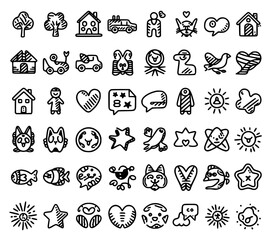 Fototapeta premium Diverse Hand-Drawn Icon Pack, Minimalist Black and White Doodle Elements, Everyday Sketchy Object Graphics.