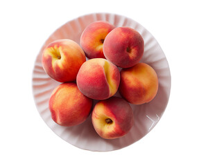 peaches in a white bowl, top view isolated on white background