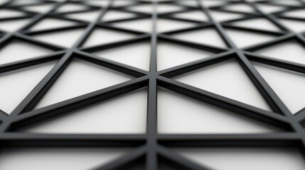 Abstract geometric pattern of black metal triangular frames creating a modern, symmetrical grid on a smooth white surface.