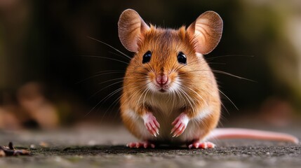 Fototapeta premium An adorable close-up of a cute mouse with large ears perched on a stone pathway, capturing its charming features and playful demeanor in a natural setting.