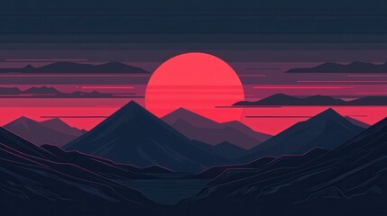 A digital illustration of a red sun setting behind stylized dark mountains with linear clouds and a pinkish sky.