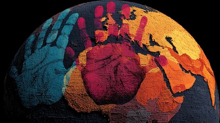 Globe Covered with Multicolor Handprints Symbolizing Global Unity and Inclusion