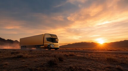 Obraz premium A sleek, modern electric truck traveling along a barren desert road at sunset, symbolizing innovation in transportation and the future of sustainable mobility.