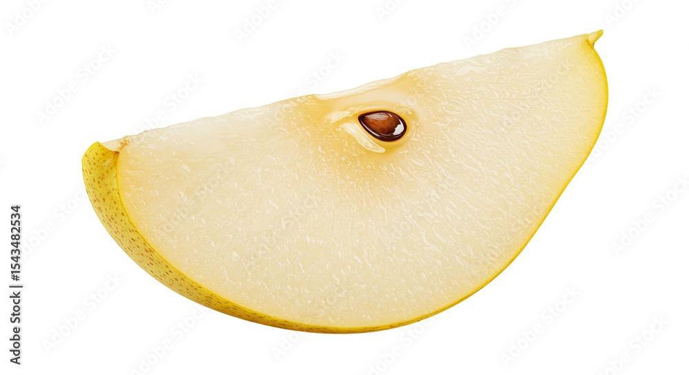 Poster a single slice of a juicy pear isolated on a solid black background