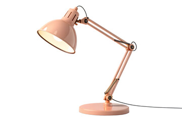 Stylish articulated desk lamp in soft pastel pink illuminating on black background