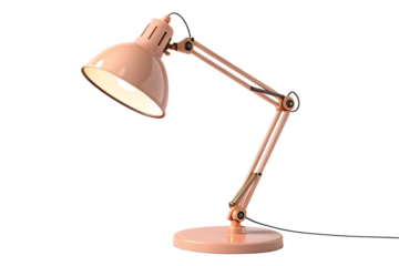 Stylish articulated desk lamp in soft pastel pink illuminating on black background
