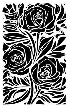 Floral compositions of rose flowers and leaves in linocut, cut-out, and woodcut style. Black silhouettes on transparent background, perfect for elegant, vintage, or craft design.