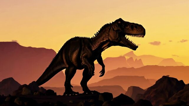 Silhouette of a dinosaur roaring in prehistoric landscape with rocky hills at sunset in dramatic light
