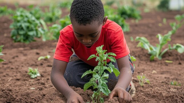 A young boy in a red shirt plants a small green seedling in rich soil, focusing intently on gardening outdoors.