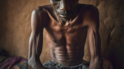 A humanitarian consequence: a malnourished man from Africa who is visibly hungry and living in poverty, a result of humanitarian catastrophes