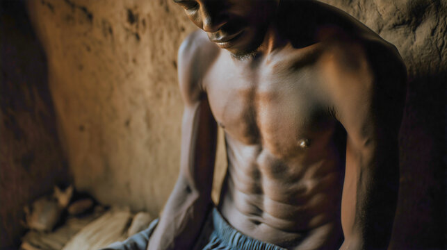 A starving African man who is extremely hungry and lives in poverty and misery, reflecting global hunger issues.