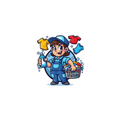 Laundry Worker Mascot icon logo flat vector design