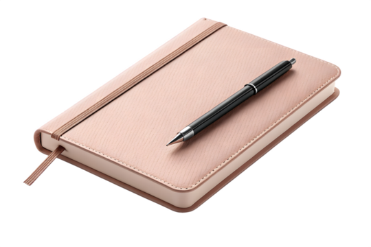 Elegant rose gold notebook with black pen on dark background ready for inspiration and notes