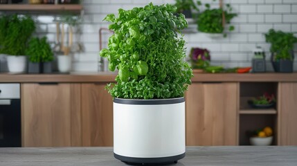 Fototapeta premium A modern kitchen countertop features a smart indoor herb garden with lush green plants growing in a white cylindrical planter.