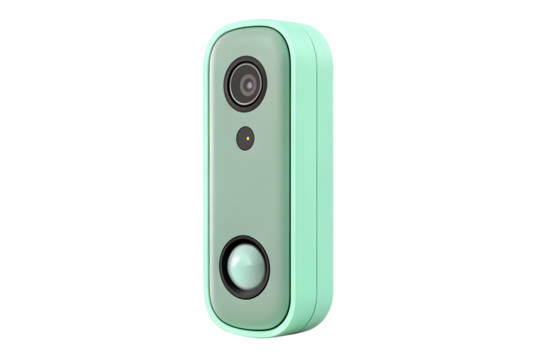 Stylish mint green modern smart home video doorbell security system technology concept