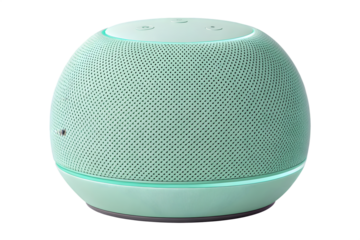 Stylish mint colored smart speaker isolated on a solid black background modern tech design