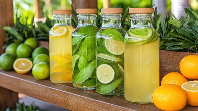 Glass bottles filled with infused water featuring lemons, limes, and fresh herbs, displayed alongside whole citrus fruits on a wooden shelf. - Powered by Adobe