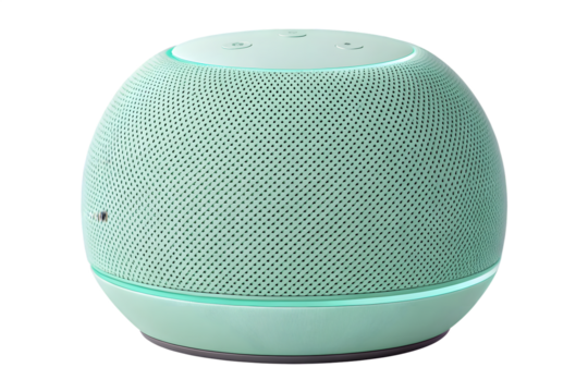 Stylish mint colored smart speaker isolated on a solid black background modern tech design