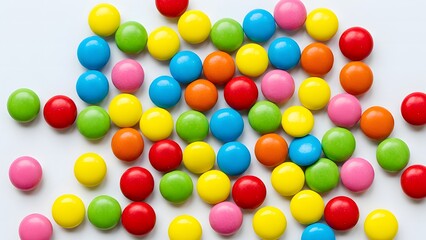 Obraz premium A pile of assorted colorful candy balls scattered on a pastel blue surface