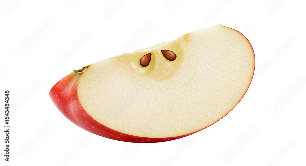 Poster a single slice of a fresh red apple with seeds against a black background.