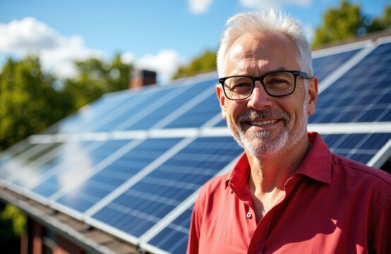 Senior man with glasses smiling outdoors near solar panels on a sunny day - Powered by Adobe