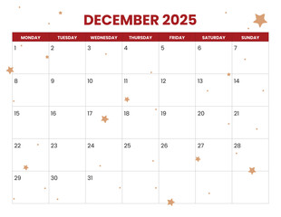 2025 December calendar start on monday, red and gold